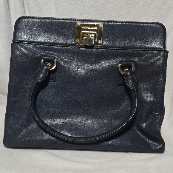 Michael Kors Vintage NAVY Satchel Gold MK HDWR Classic Elegance Soft Leather HTF - Picture 3 of 16